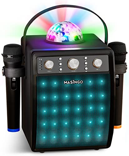  MASINGO Máquina de karaoke Bluetooth para adultos y niños - Equipo de canto portátil con 2 micrófonos de karaoke inalámbricos - Sistema de altavoces PA con bola de discoteca y luces de fiesta +...