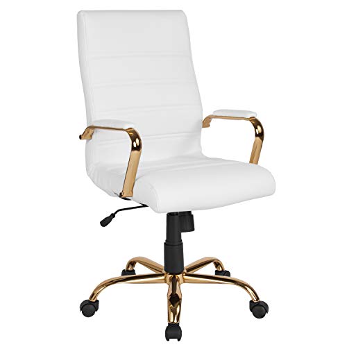 Flash Furniture Silla de escritorio con respaldo alto - Silla de oficina giratoria ejecutiva de cuero blanco suave con marco dorado - Sillón giratorio