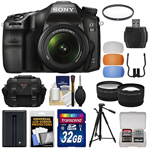 Sony Cámara SLR digital Alpha A68 y lente de 18-55 mm con tarjeta de 32 GB + batería + estuche + trípode + filtro + kit de lente tele/gran angular