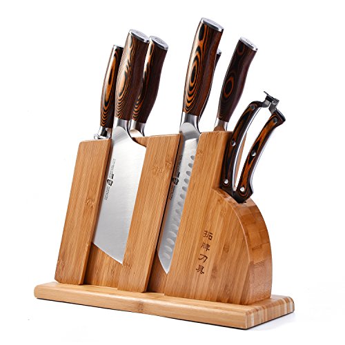 TUO Cutlery Juego de cuchillos de cocina TUO con bloque de madera - Acero forjado alemán X50CrMoV15 - Mango de madera de pakkawood - Serie Fiery Phonex - Juego de cuchillos de 8 piezas - TC0710