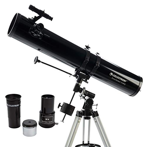 Celestron - Telescopio PowerSeeker 114EQ - Telescopio ecuatorial alemán manual para principiantes - Compacto y portátil - Paquete de software de astronomía BONUS - Apertura de 114 mm