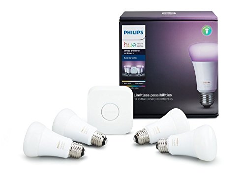 Philips Hue Blanco y color Ambiance A19 Kit de inicio de bombilla inteligente LED equivalente a 60 W (4 bombillas A19 y 1 concentrador compatibles con Amazon Alexa Apple HomeKit y Google Assistant)