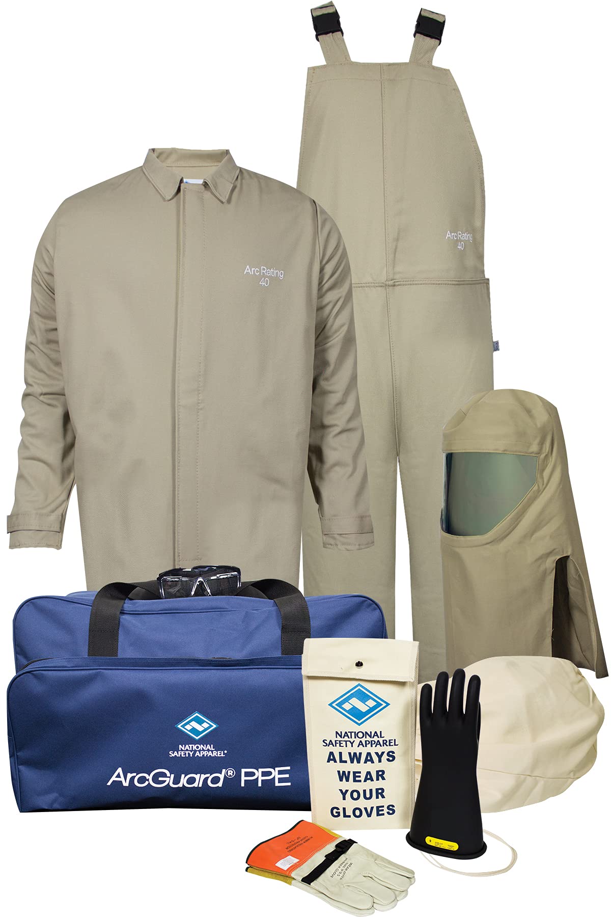 National Safety Apparel KIT4SC40EC3X08 ArcGuard Contractor CAT 4 Arc Flash Kit with FR Short Coat and Bib Overall, 40 Calorie, 3X-Large/Glove Size 8, Khaki