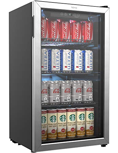  hOmeLabs Refrigerador y enfriador de bebidas - Mini refrigerador de 120 latas con puerta de vidrio para cerveza de soda o vino - Máquina dispensadora de bebidas pequeña para oficina o bar con estantes...