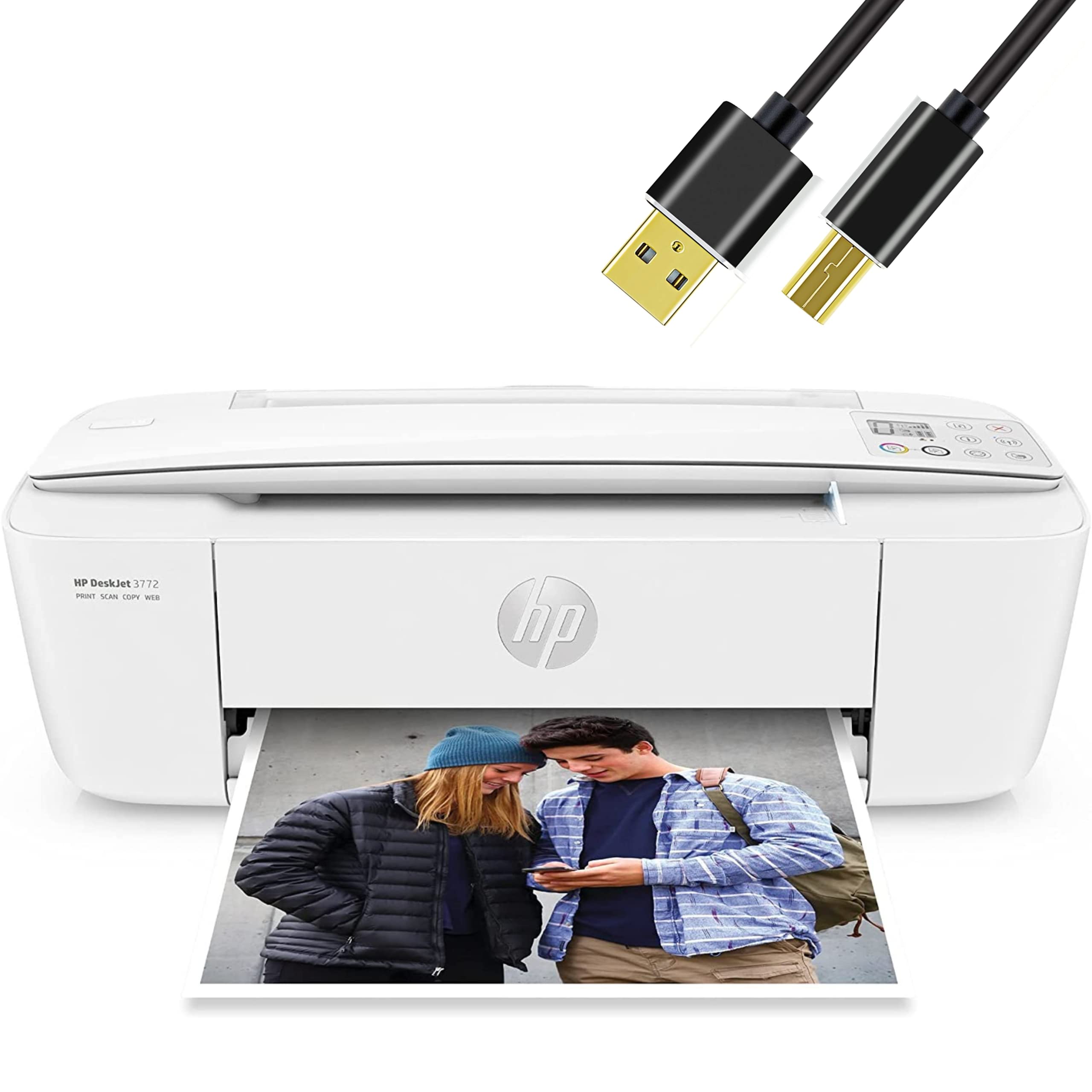 HP H -P DeskJet Impresora inalámbrica de inyección de tinta a color todo en uno con pantalla LCD - Impresión Escaneo Copia e impresión móvil Ultracompacta con cable de impresora de 6 pies