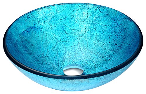 ANZZI Fregadero estilo recipiente de vidrio templado moderno Accent en Blue Ice | Fregaderos de baño Aqua Top Mount sobre encimera | Lavabo de tocador redondo con desagüe emergente | LS-AZ047