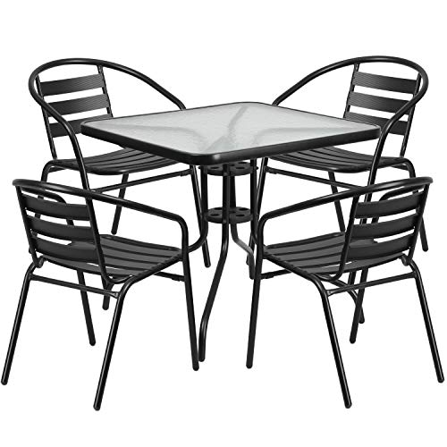 Flash Furniture Muebles Mesa cuadrada de metal y vidrio de 31.5'' con 4 sillas apilables de listones de aluminio y metal negro