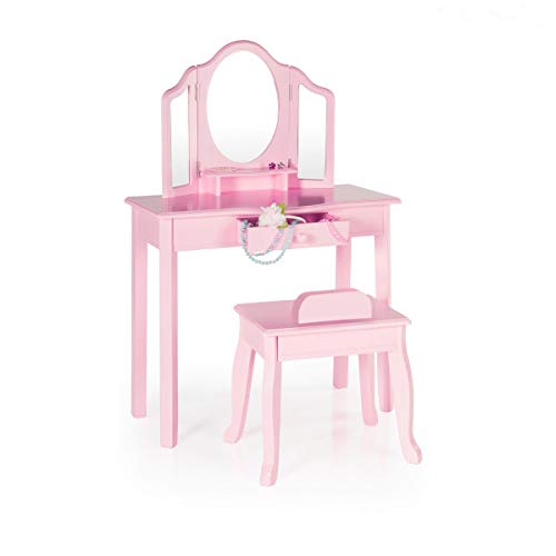 Guidecraft Tocador y taburete - Rosa: Juego de mesa y silla de almacenamiento de madera para niños con 3 espejos y cajón de maquillaje - Muebles de vestir para niños