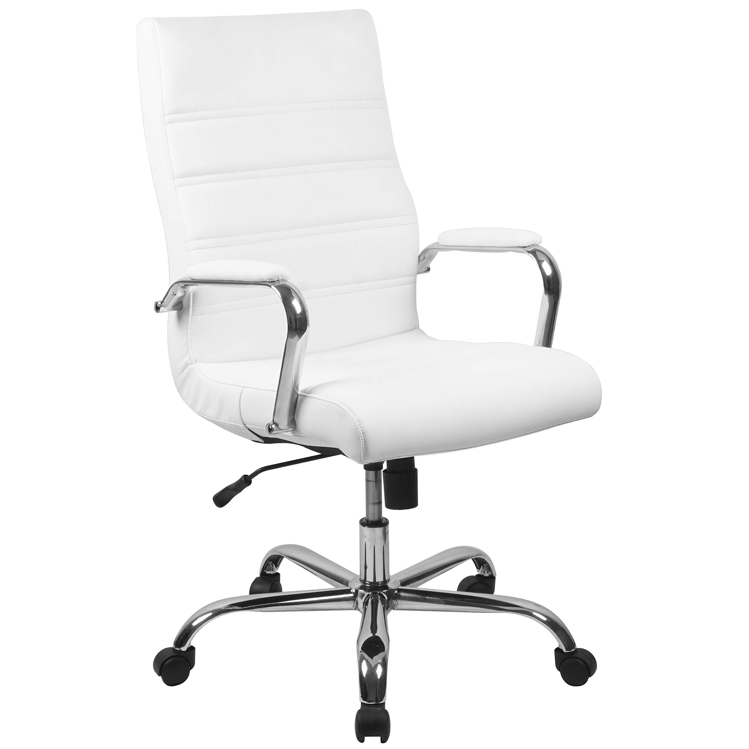 Flash Furniture Silla de escritorio con respaldo alto - Silla de oficina giratoria ejecutiva de cuero blanco suave con marco cromado - Sillón giratorio
