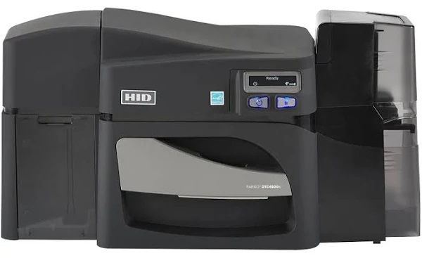 Fargo Impresora de tarjetas de identificación de doble cara DTC4500e con codificador de banda magnética ISO y tolvas de bloqueo